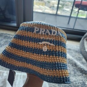 Prada Kids Striped Crochet Bucket Hat in Blue and Tan